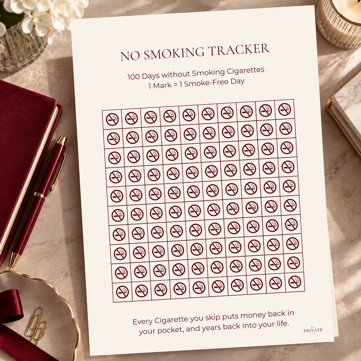No Smoking Tracker – 100 Day A4 Printable Smoke-Free Tracker