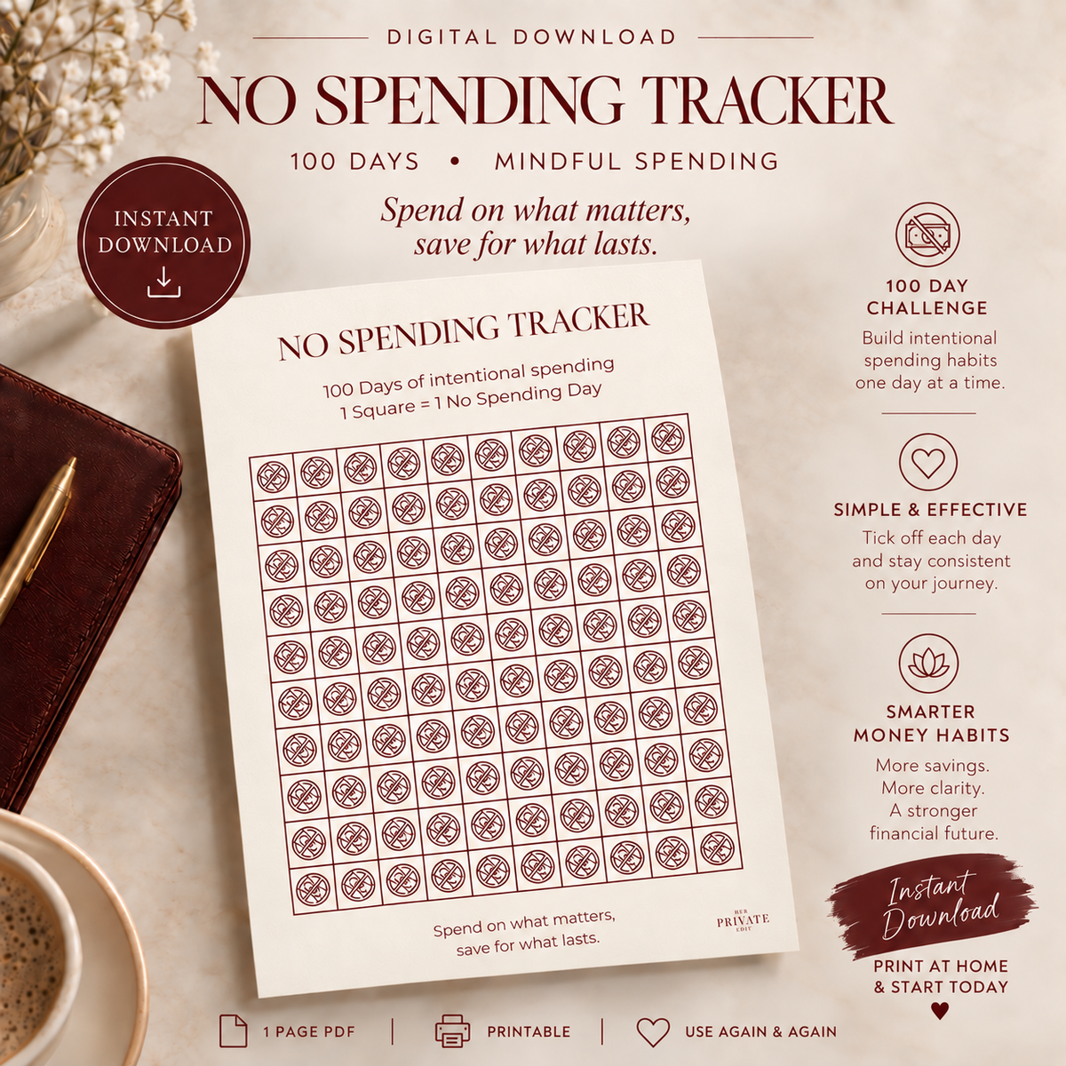 100 Day No Spending Tracker