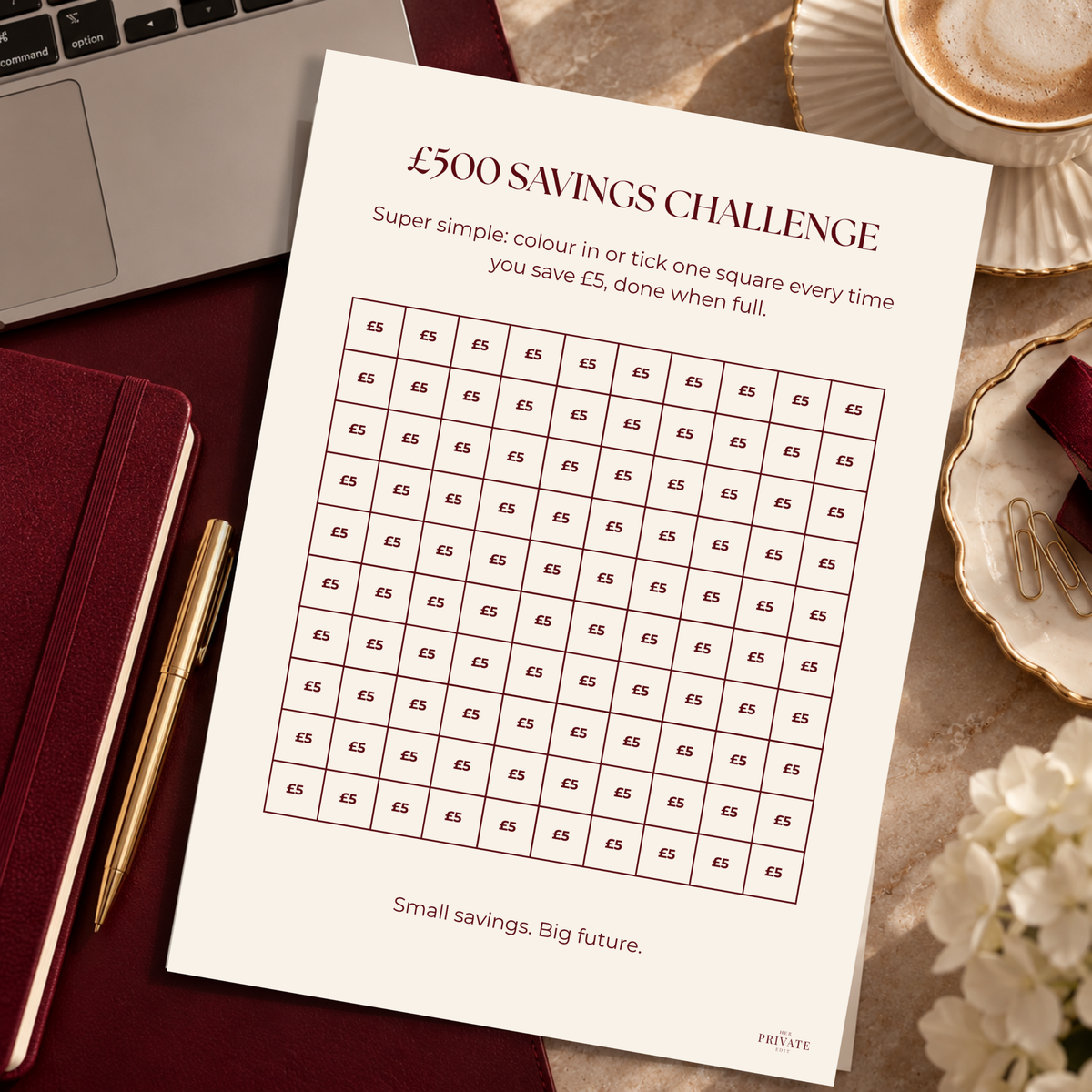 £500 Savings Challenge – A4 Printable Money Saving Tracker