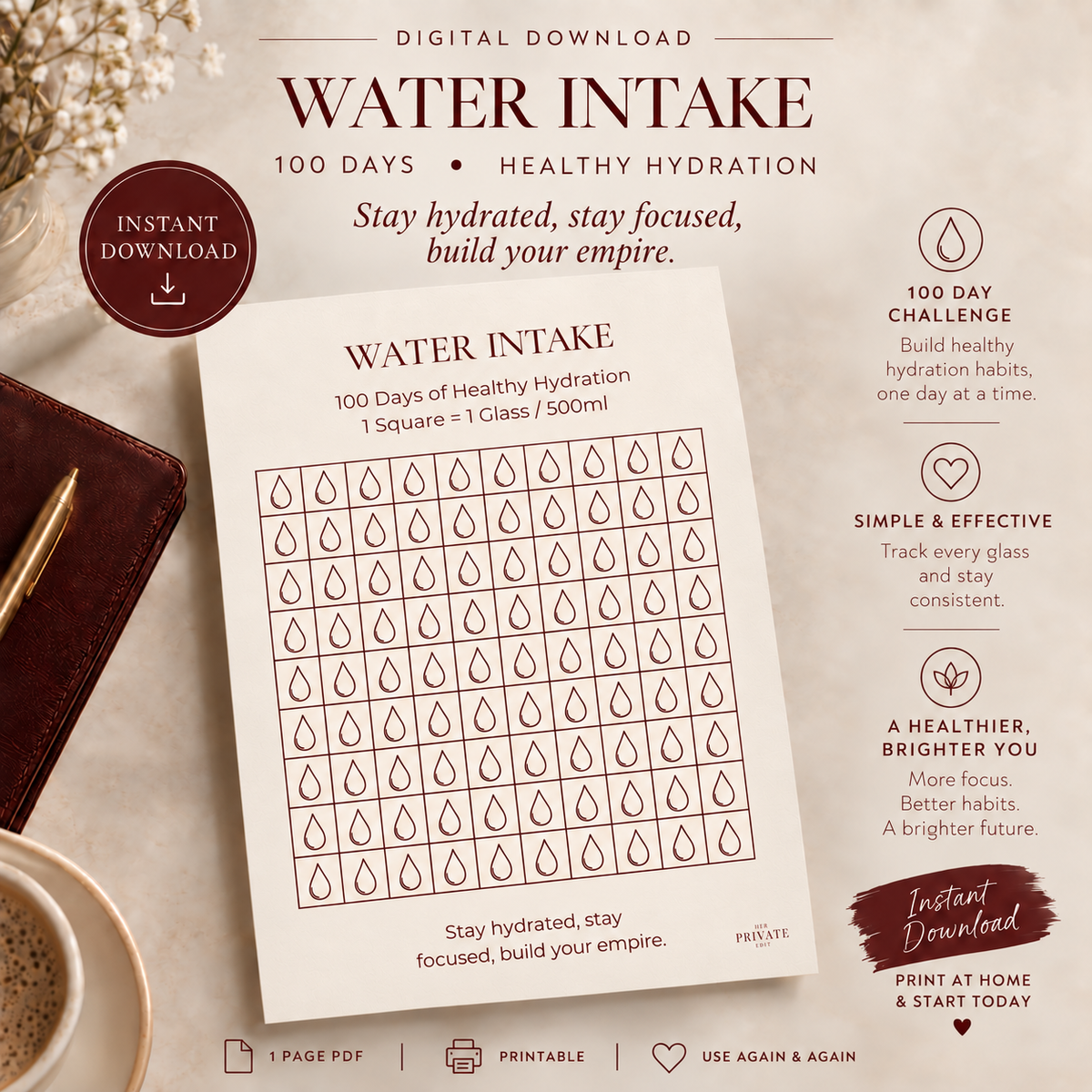 100 Day Water Intake Tracker – Printable Hydration Habit Tracker
