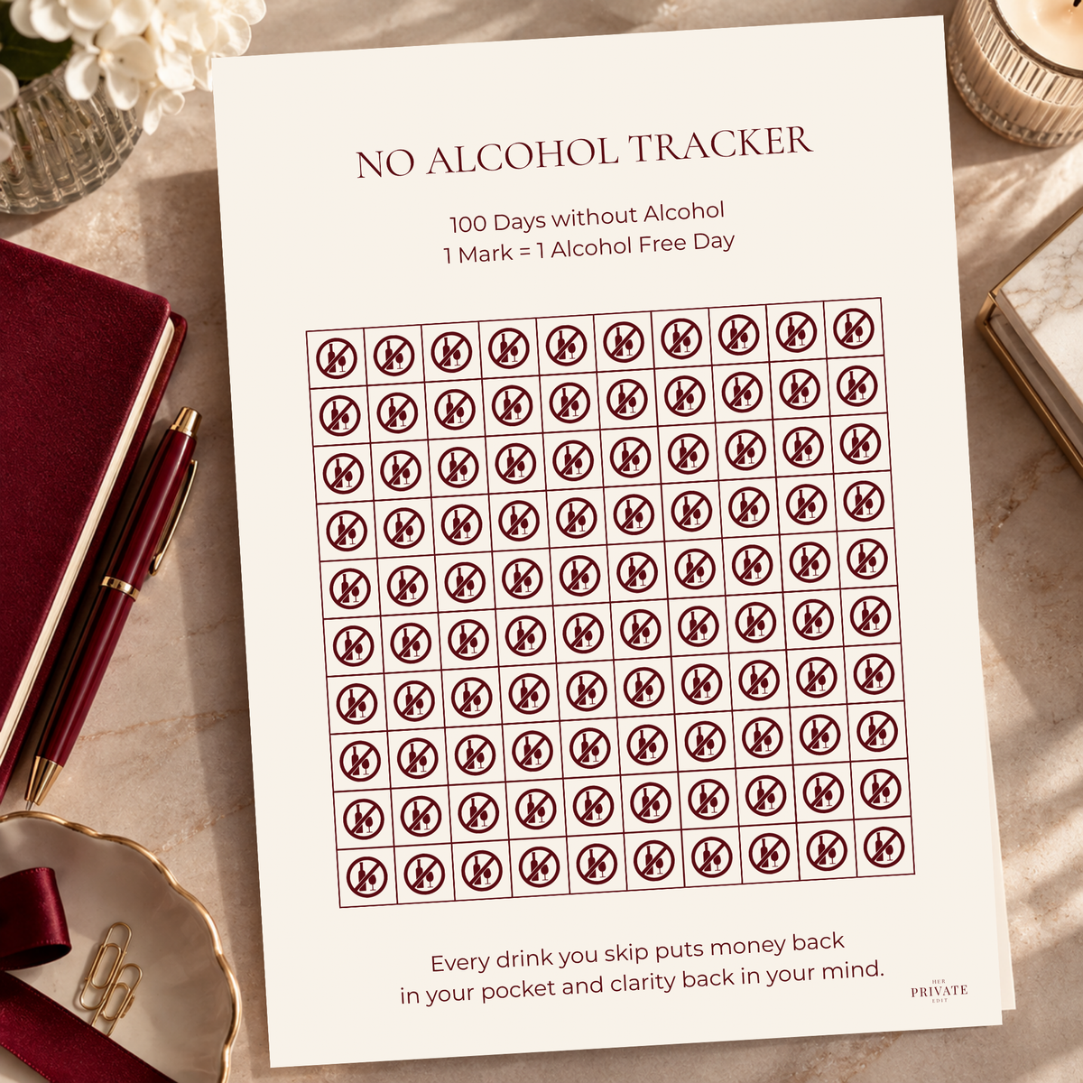 No Alcohol Tracker – 100 Day A4 Printable Habit Tracker