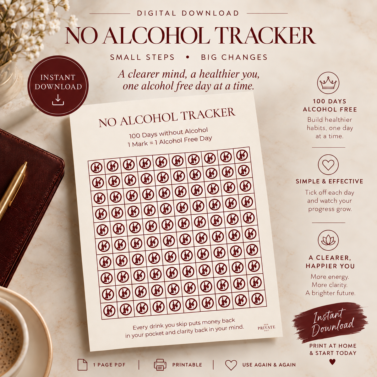 100 Day No Alcohol Tracker