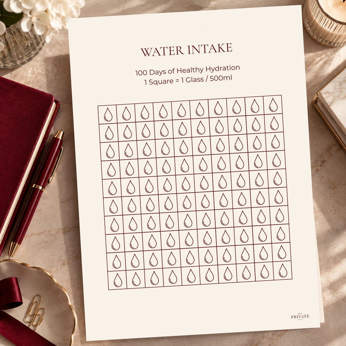 Water Intake – 100 Day A4 Printable Hydration Tracker